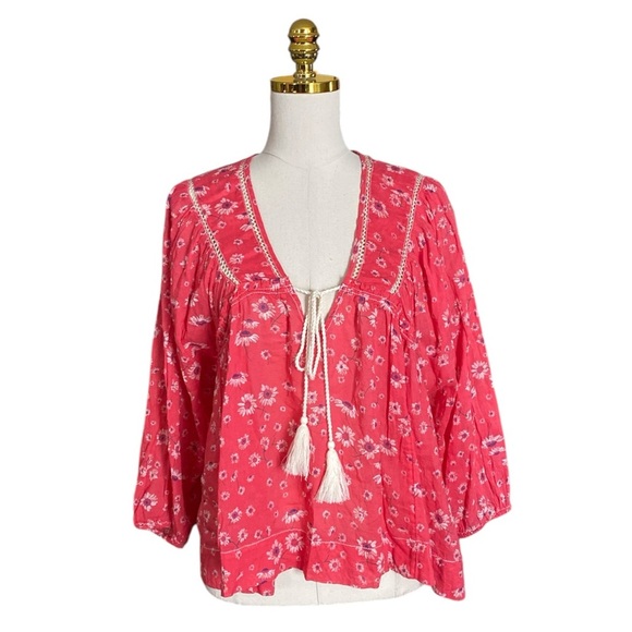 FREE PEOPLE Never A Dull Moment Floral Boho Peasant Oversized Cotton Blouse Sz S - Picture 7 of 12